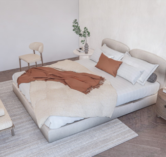 日式双人床 床头柜 床 吊灯 挂画